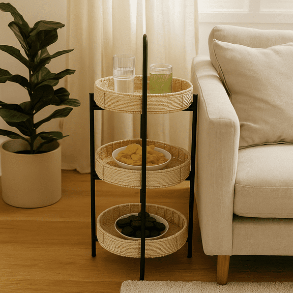 Homy Casa 3-Tier Woven Side Table for Living Room Snacks and Drinks, Natural Boho Style
