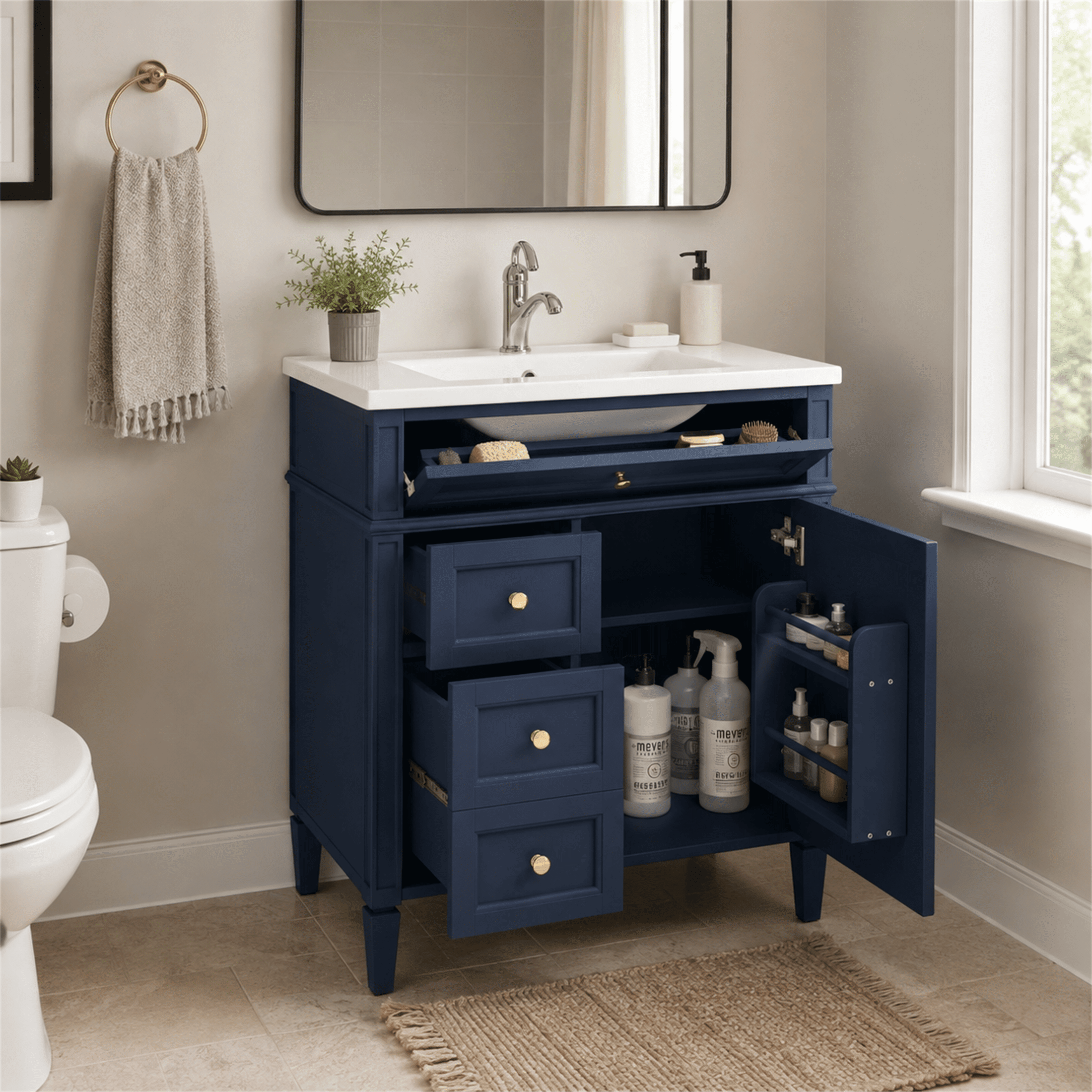 Homy Casa 30" Freestanding Bathroom Vanity with Ceramic Sink, 3 Drawers Navy Blue