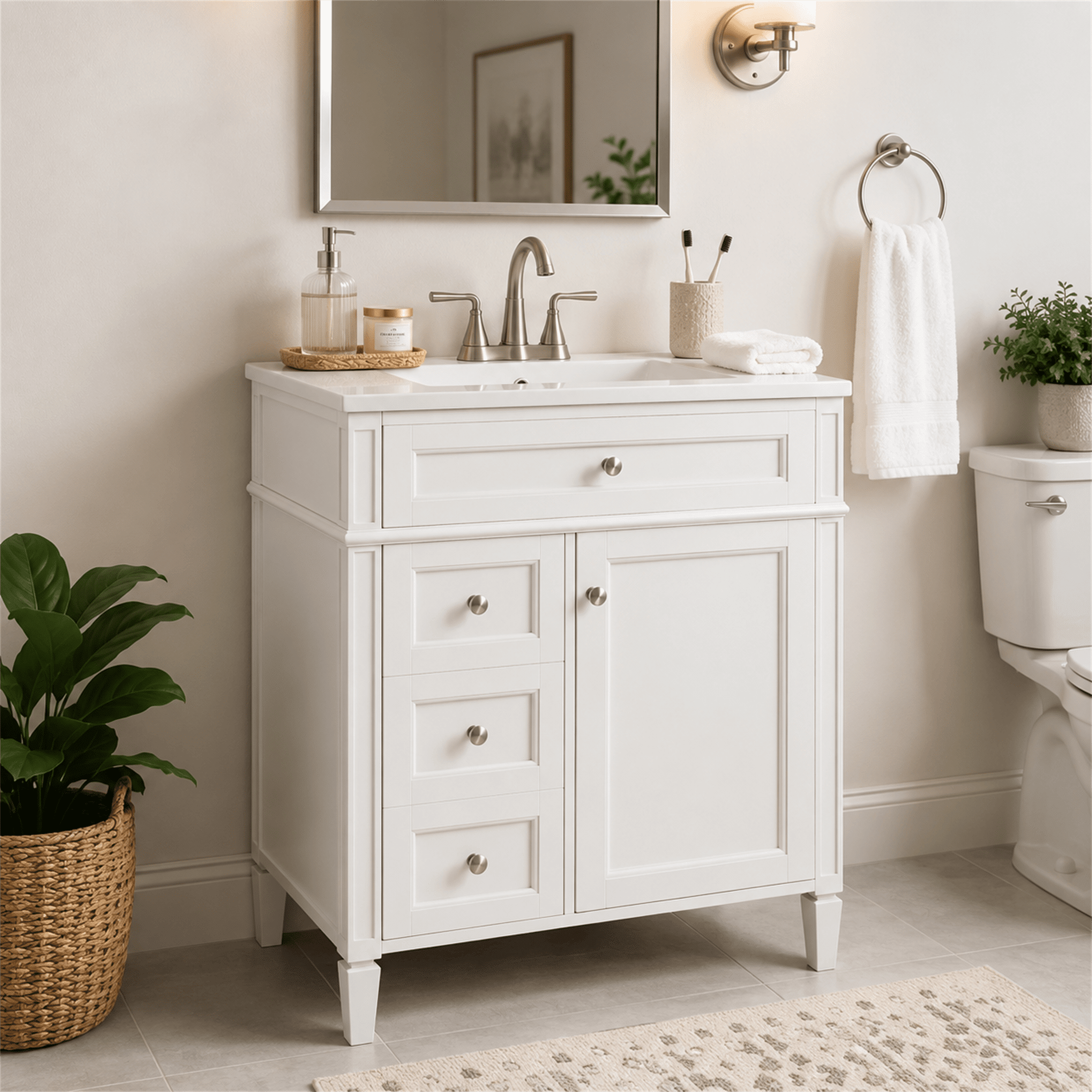 Homy Casa 30 Inch Bathroom Vanity with Ceramic Sink, Freestanding Storage Cabinet, White
