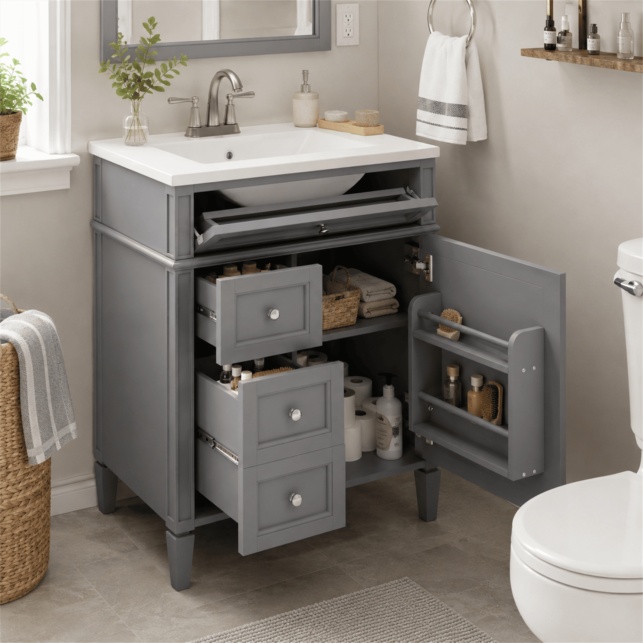 Homy Casa 30" Freestanding Bathroom Vanity with Ceramic Sink and Storage Drawers Gray