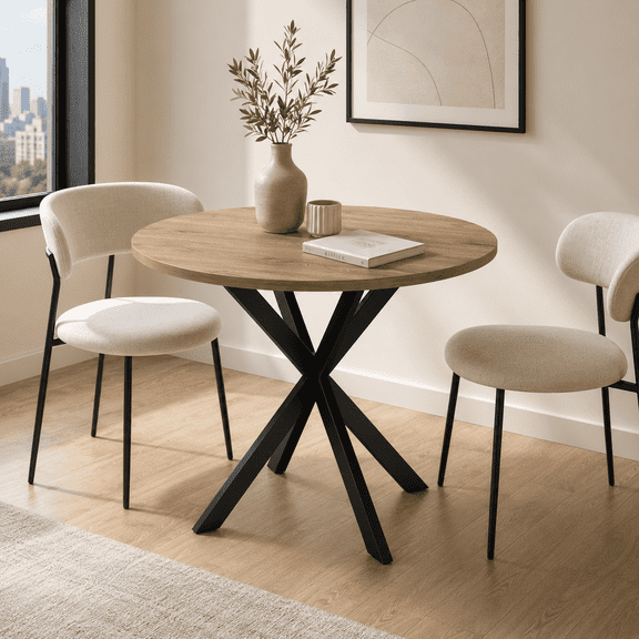 Homy Casa 31.5 Inch Round Brown Dining Table, Mid-Century Modern Kitchen Table for Small Spaces, Industrial Wood Leisure Table with X-Shape Metal Legs for 2-3 People