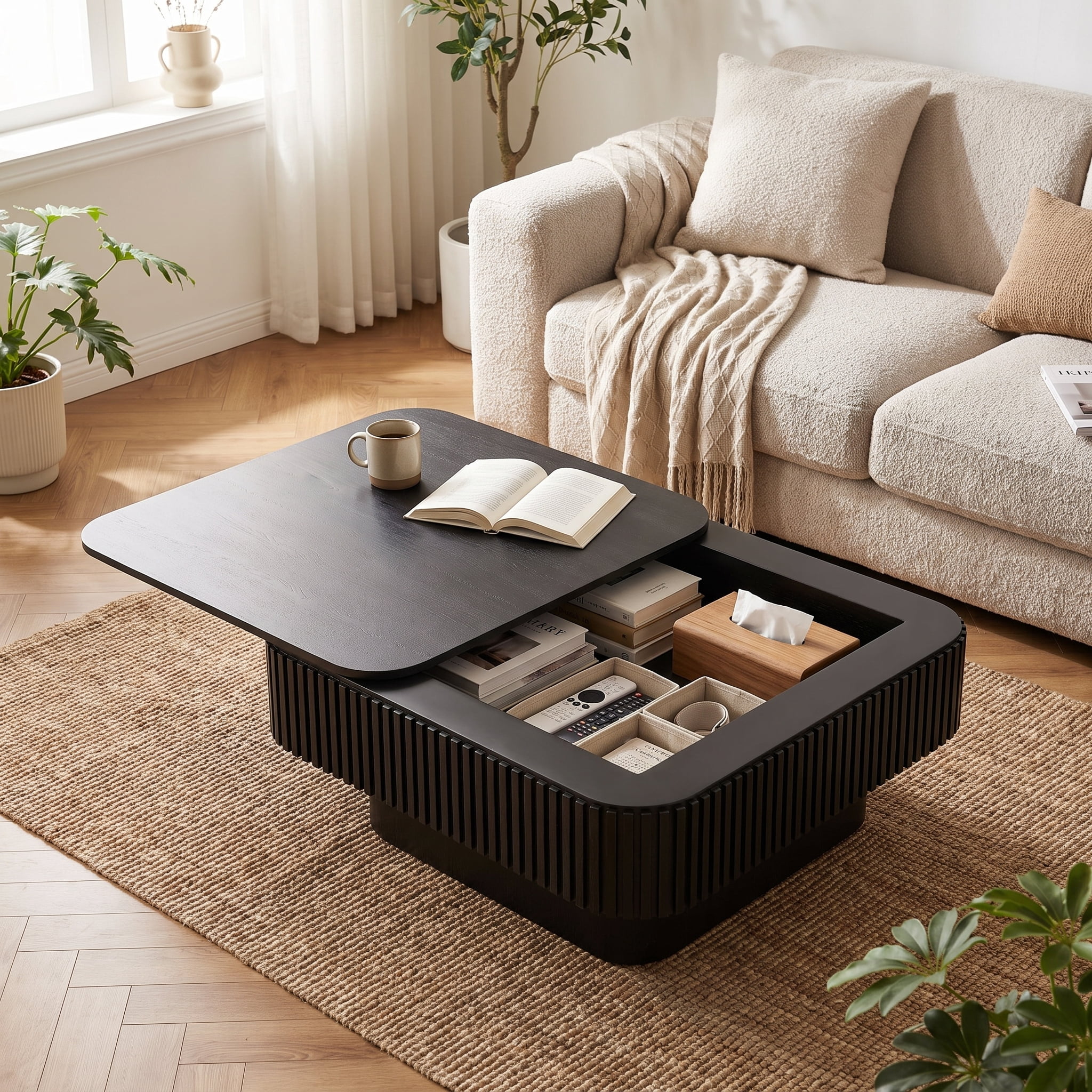 Homy Casa 31.5 in Modern Fluted Square Coffee Table with Hidden Storage for Living Room Black