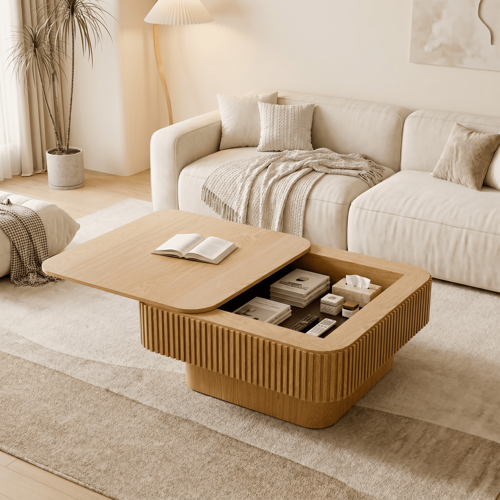 Homy Casa 31.5 in Sliding Top Coffee Table with Hidden Storage, Rounded Square Table, Natural Oak
