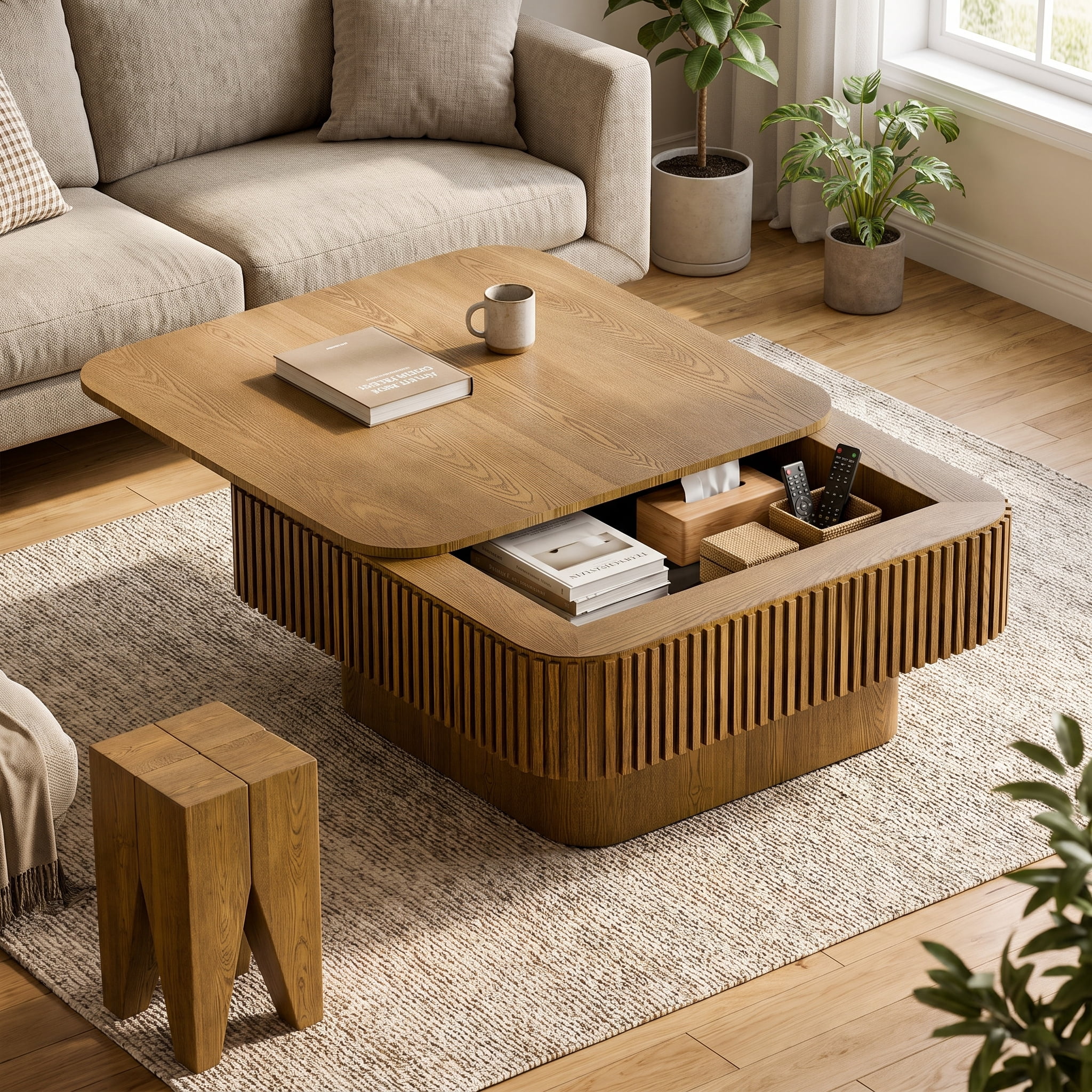 Homy Casa 31.5 in Warm Oak Square Coffee Table with Sliding Hidden Storage and Fluted Sides