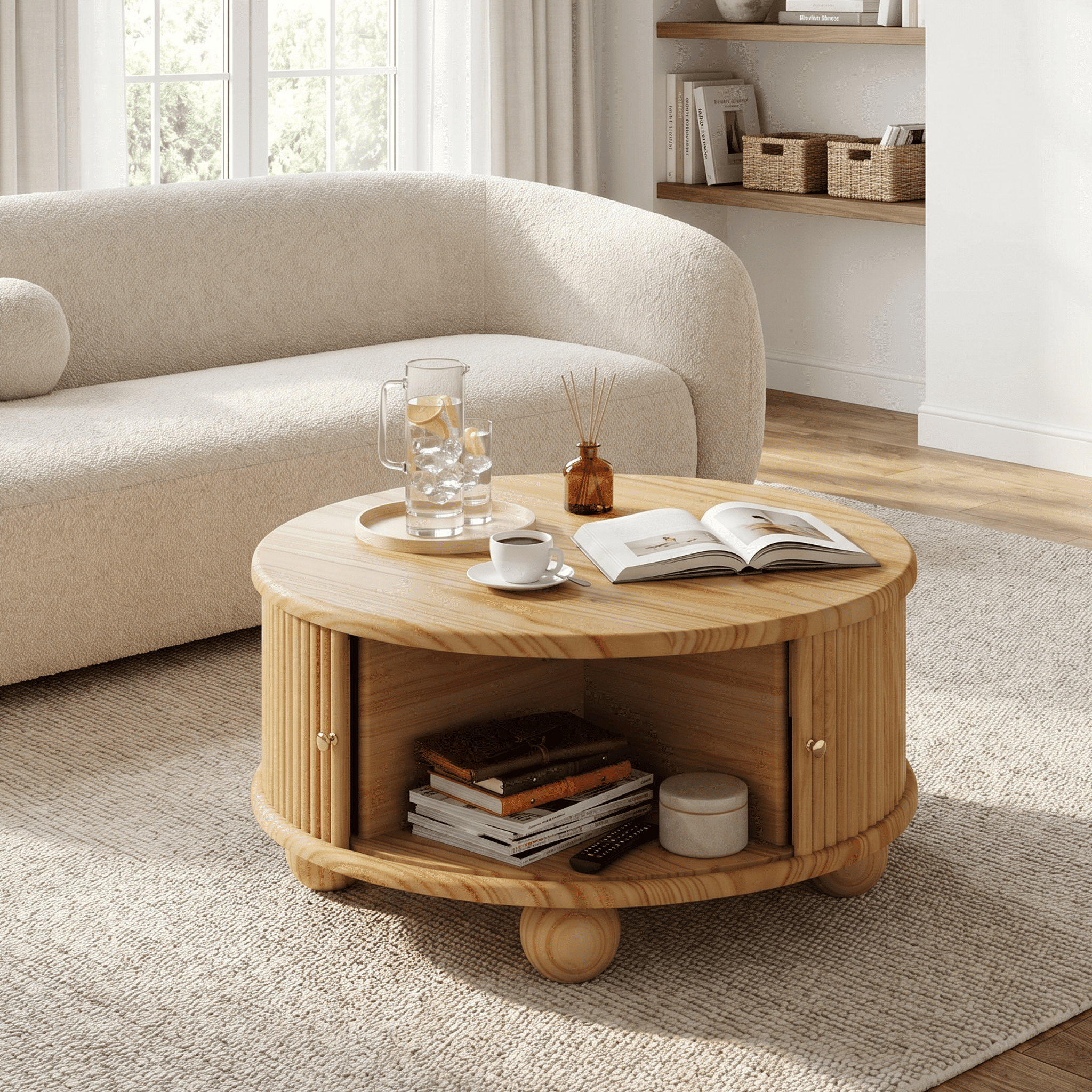 Homy Casa 31.8 in Round Fluted Wood Coffee Table with Storage Shelf for Living Room Natural Oak