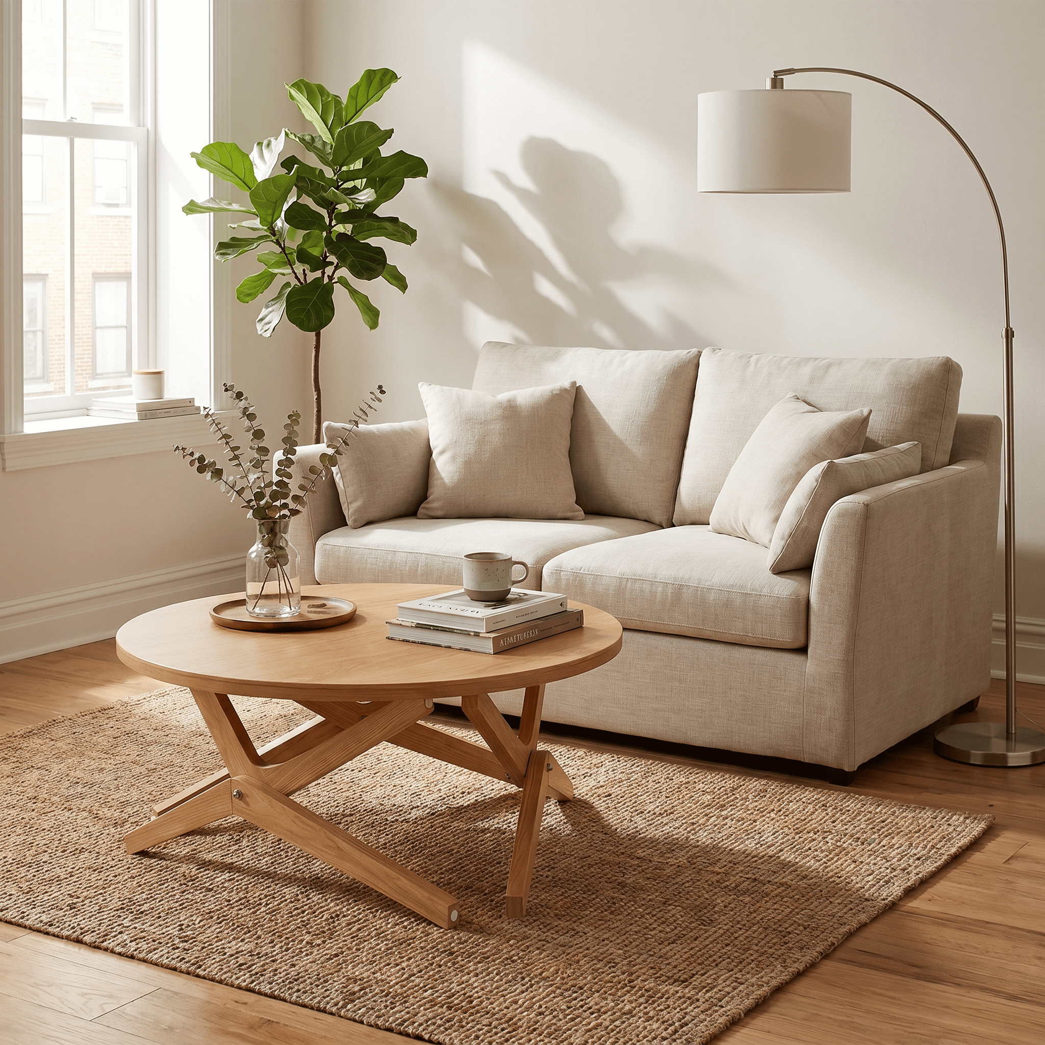 Homy Casa 34.5 in Round Adjustable Height Coffee Table, Lift Top Wood Center Table, Natural Oak
