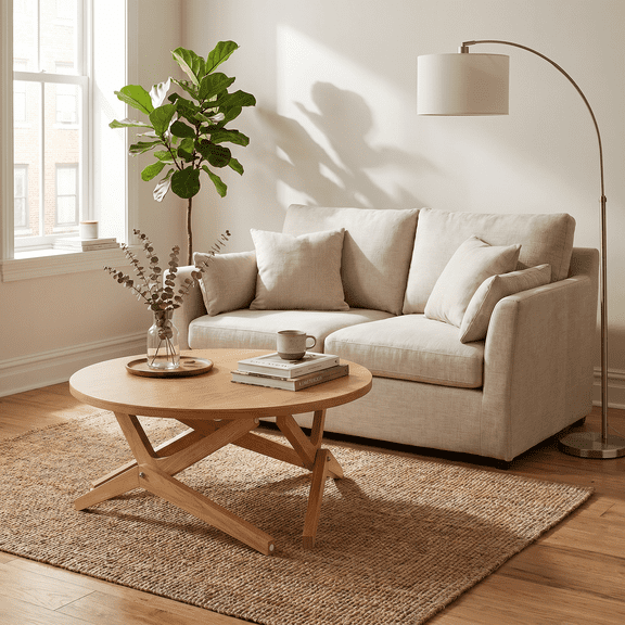Homy Casa 34.5 in Round Adjustable Height Coffee Table, Lift Top Wood Center Table, Natural Oak