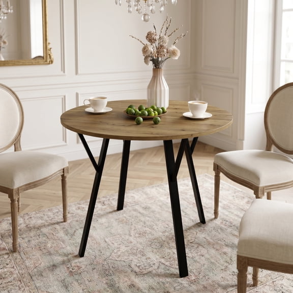Homy Casa 35.43" Round Brown Dining Table, MDF Top Black Metal Legs for 2-4 People Small Space Kitchen Apartment Dining Area