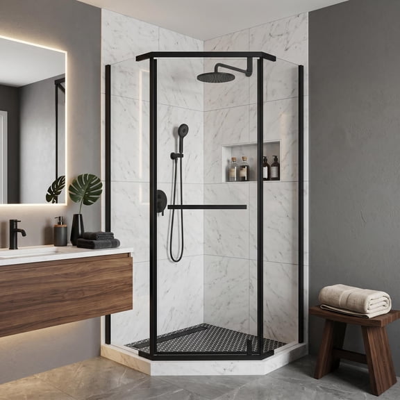 Homy Casa 36" x 36" Neo-Angle Frameless Corner Shower Door, 1/4" Clear Tempered Glass with Explosion-Proof Film, Black Stainless Steel Hardware, Modern Bathroom Shower Enclosure, Black
