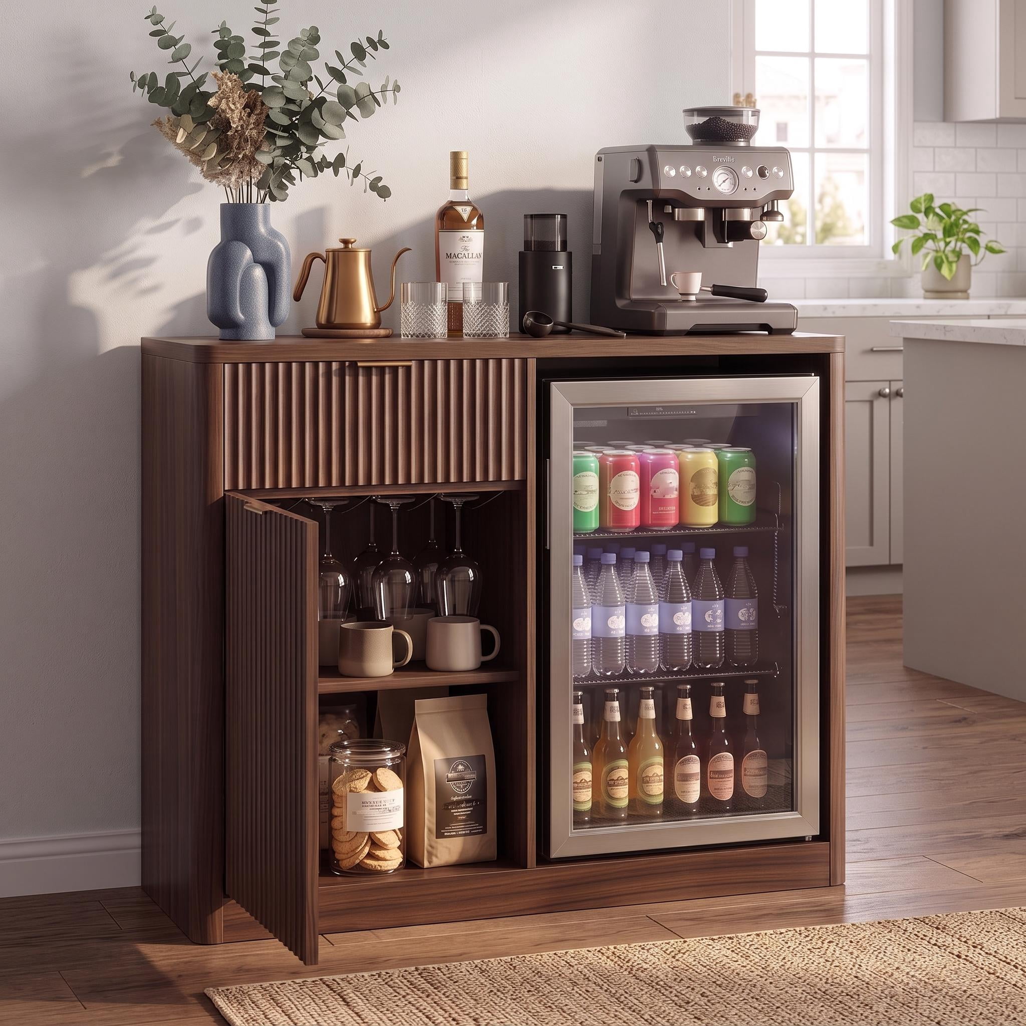 Homy Casa 39.4" Fluted Kitchen Island with Mini Fridge Space, Power Outlet and Storage, Dark Walnut