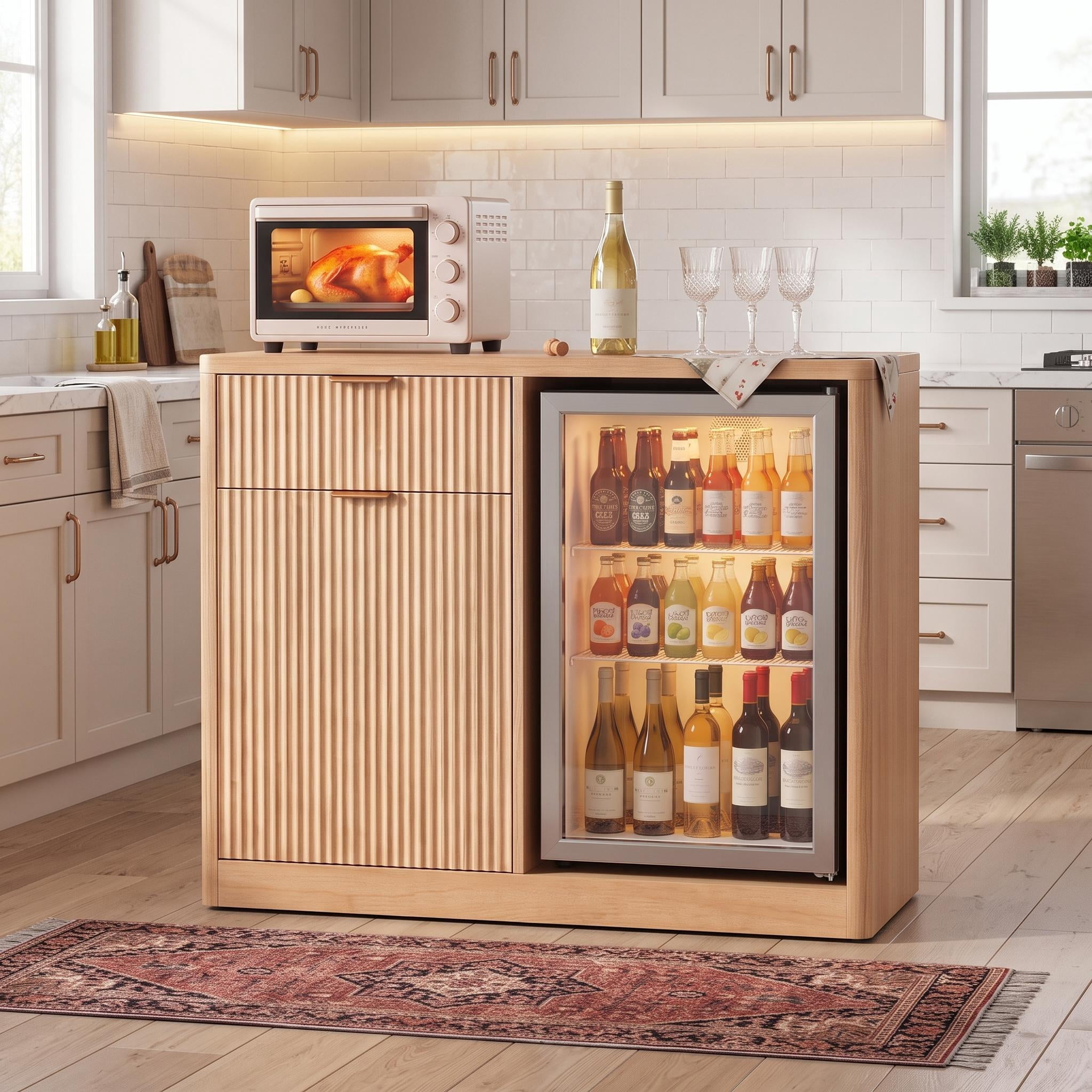Homy Casa 39.4" Fluted Kitchen Island Cabinet with Power Outlet, Mini Fridge Space, Natural Oak