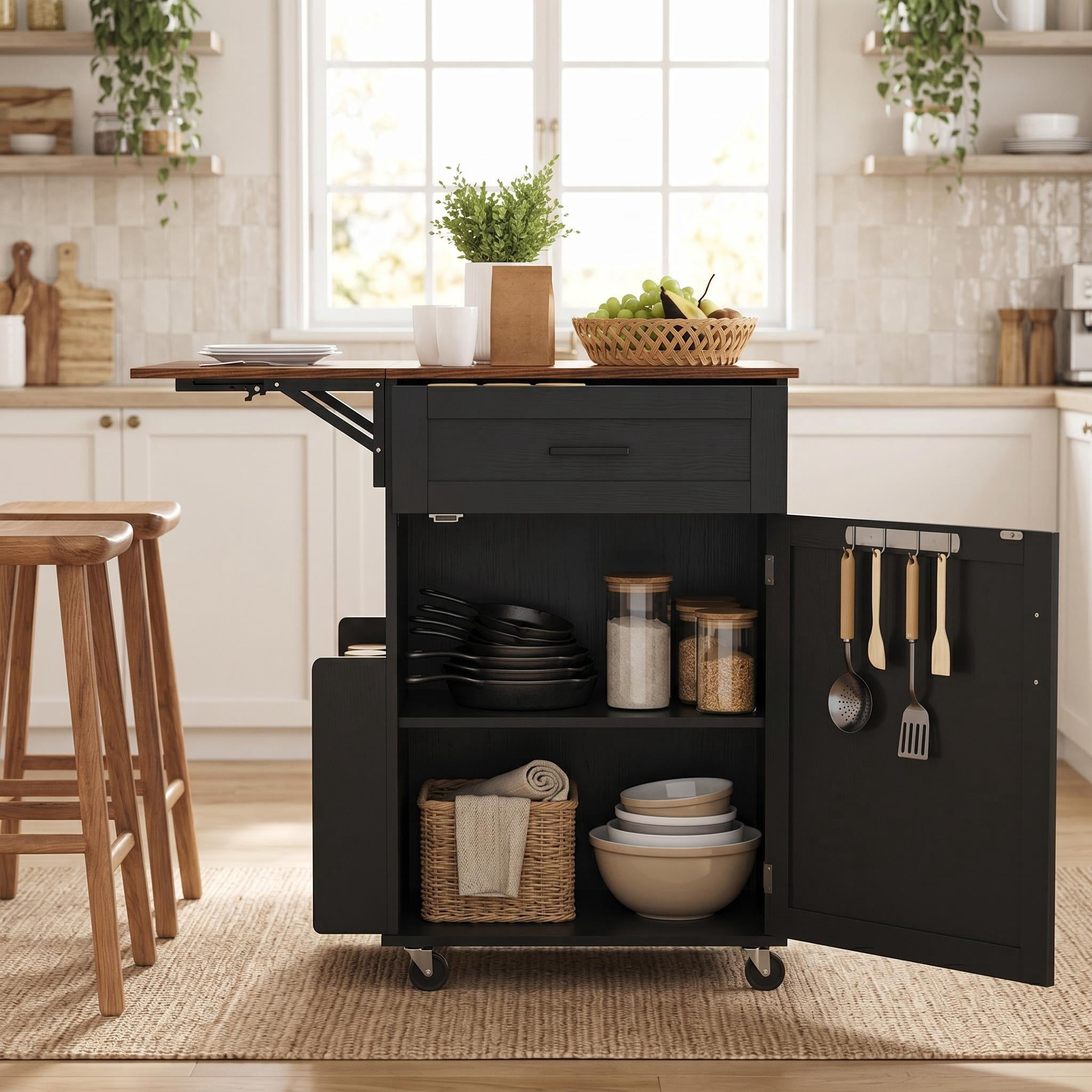 Homy Casa 39" Rolling Kitchen Island Cart with Drop Leaf, Drawer, Cabinet & Spice Rack, Black
