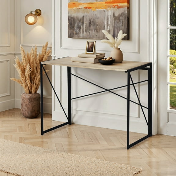 Homy Casa 39.4" Folding Table, Light Wood Tabletop with Metal Frame for Home Office or Dorm Use