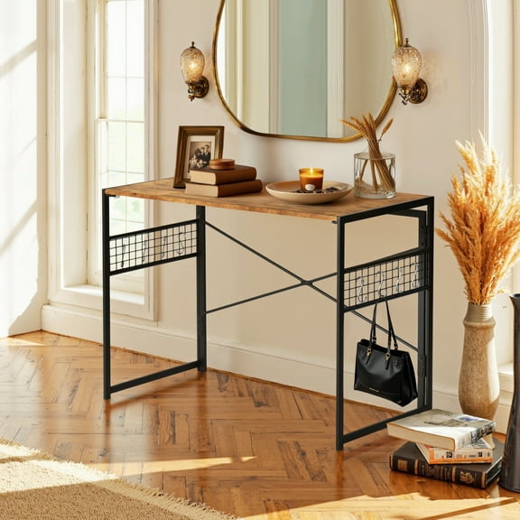Homy Casa 39.4" Folding Table with Hooks and Grid Storage, Rustic Brown Desktop with Black Metal Frame