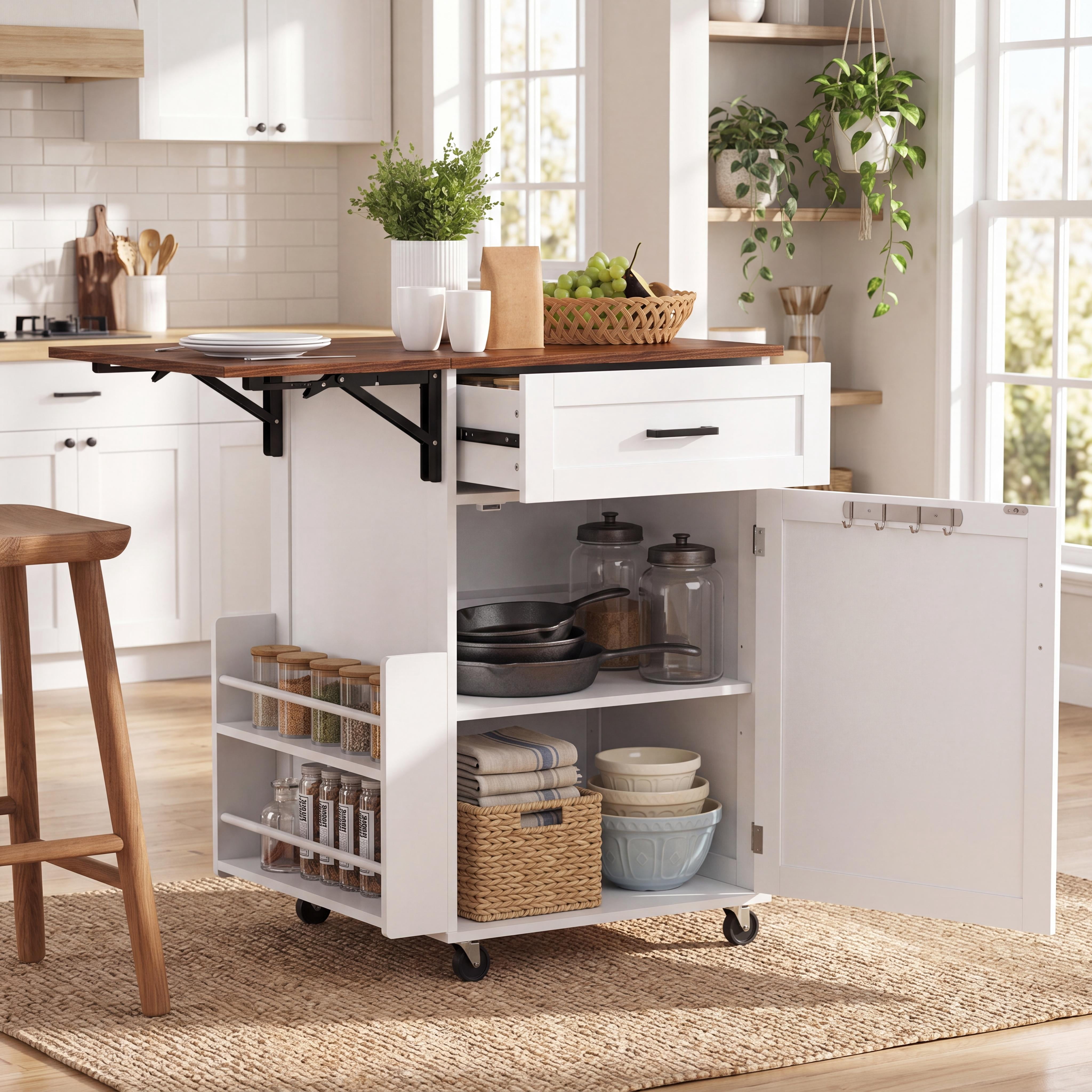 Homy Casa 39" Rolling Kitchen Island with Drop Leaf, Storage Cabinet, Drawer and Wheels White