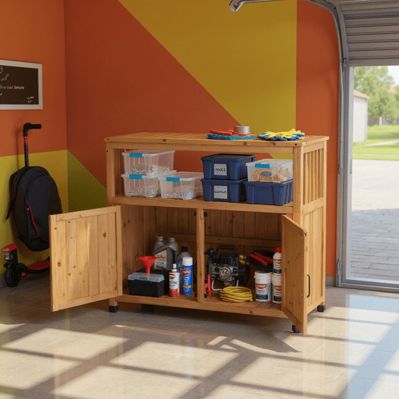 Homy Casa 42" Rustic Garage Storage Cabinet, with 2 Doors and Upper Shelf, Solid Wood