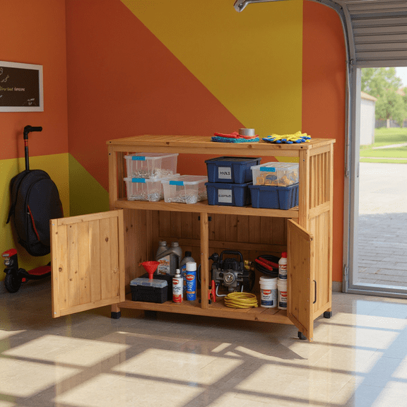 Homy Casa 42" Rustic Garage Storage Cabinet, with 2 Doors and Upper Shelf, Solid Wood