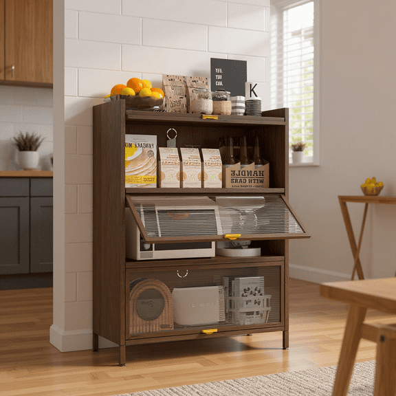 Homy Casa 44" Tall Storage Cabinet with Flip-Up Doors, Slim Vertical Organizer for Entryway and Dining Room