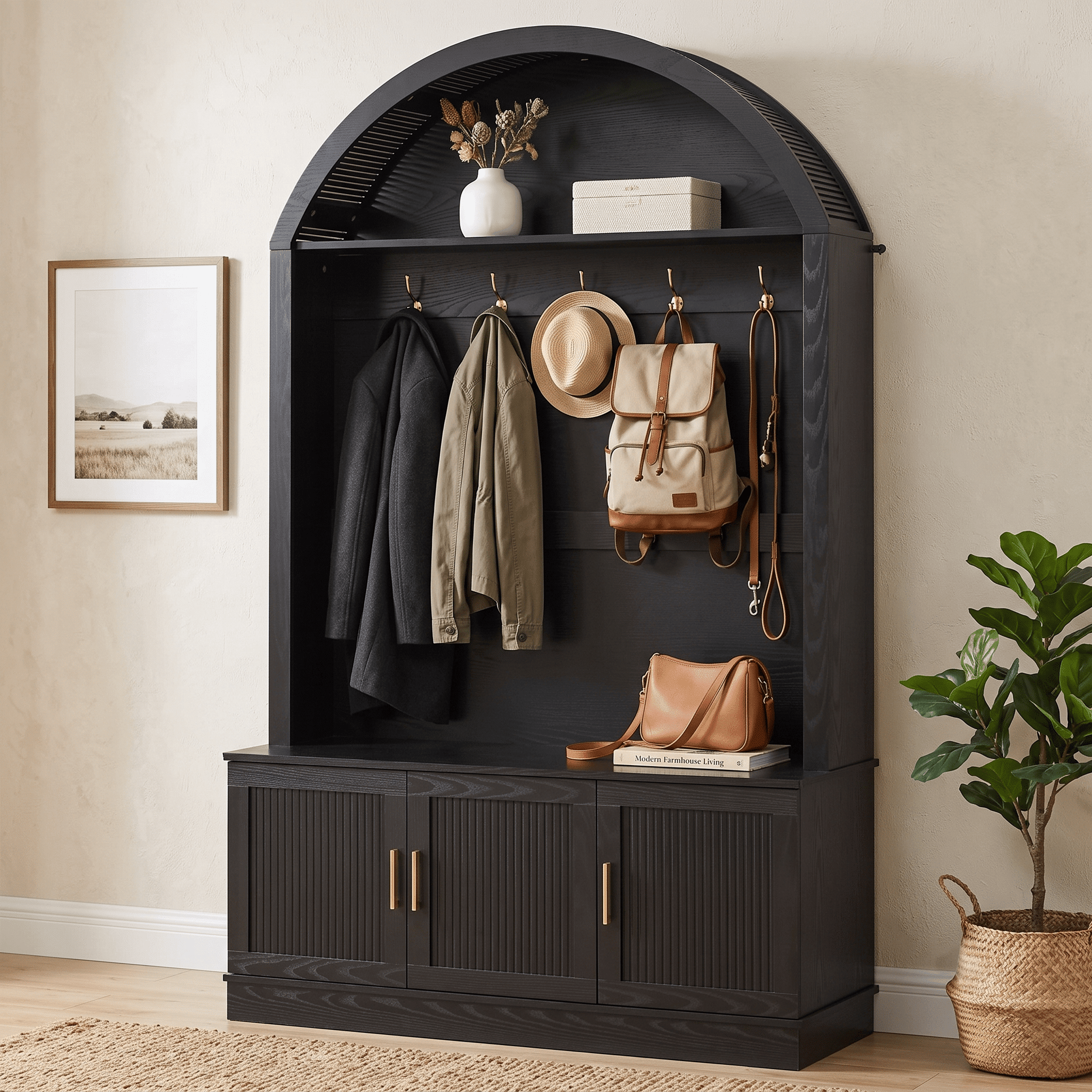 Homy Casa 46.4" Entryway Hall Tree with Coat Rack, Bench, Lower Cabinets & Hooks, Black