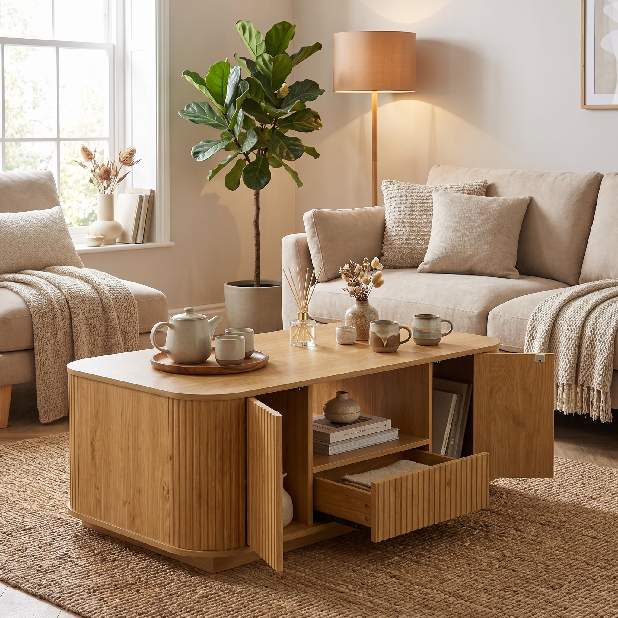 Homy Casa 46.5 in Modern Ripple Coffee Table with Doors Drawer and Open Shelf for Living Room Natural Oak