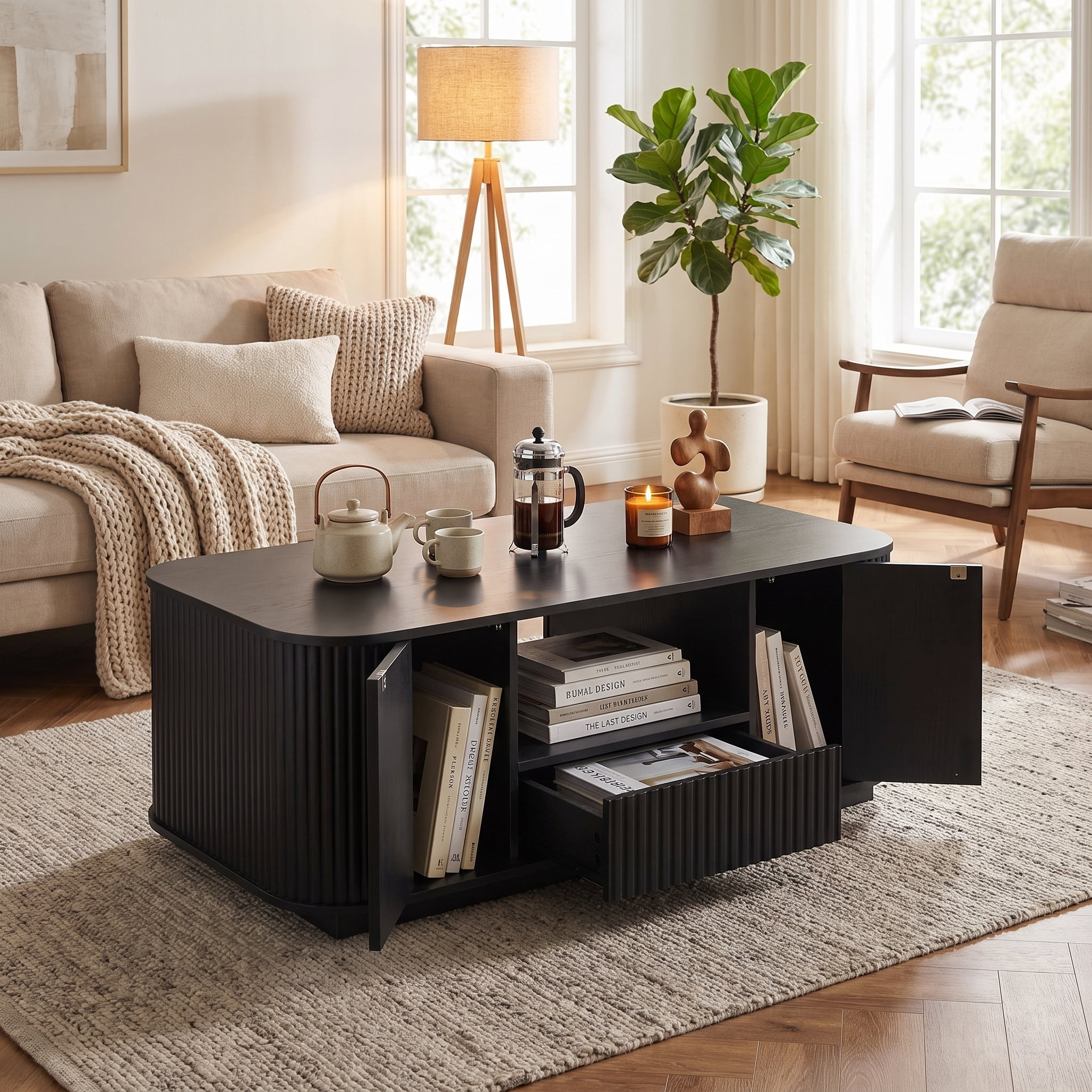 Homy Casa 46.5 in Modern Rounded Coffee Table with Drawer Cabinet Storage for Living Room Black