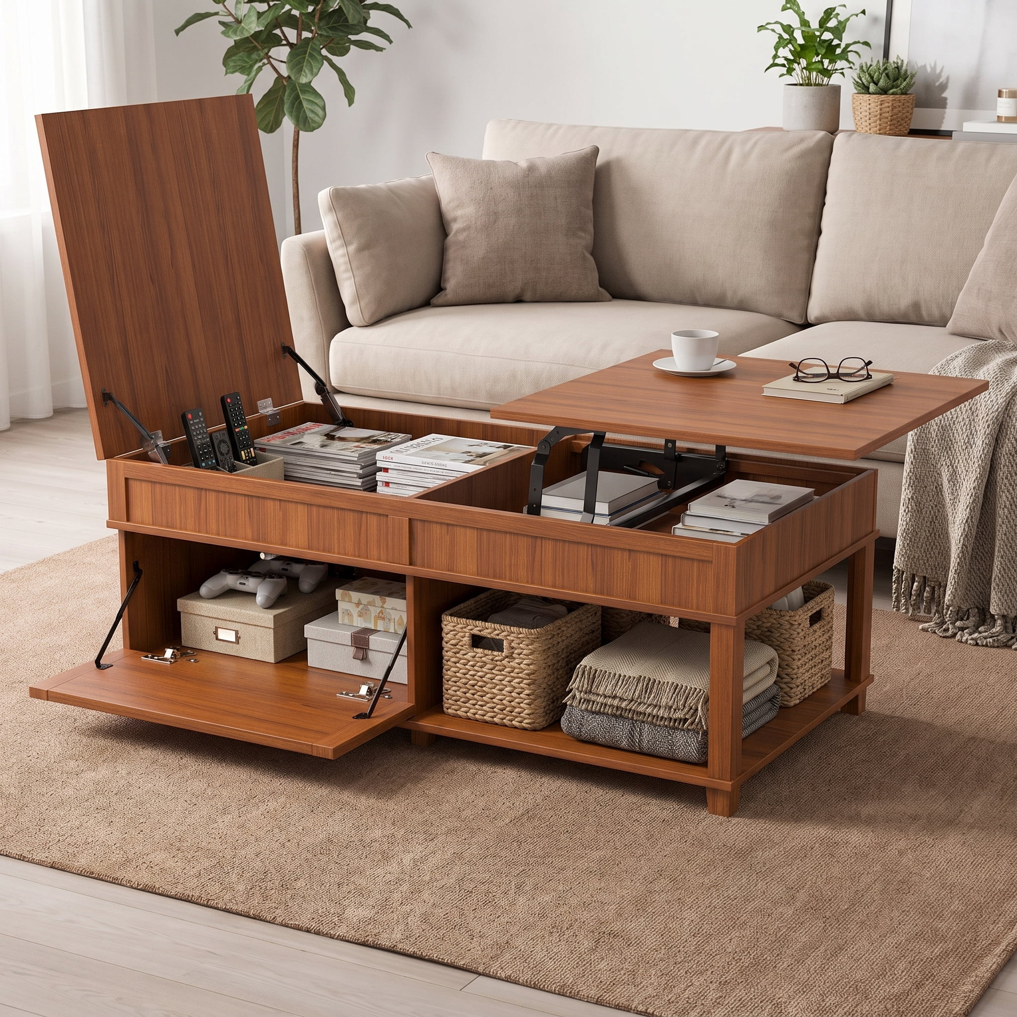 Homy Casa 46.9 in Dual Lift Top Coffee Table with Hidden Storage for Living Room Walnut Brown