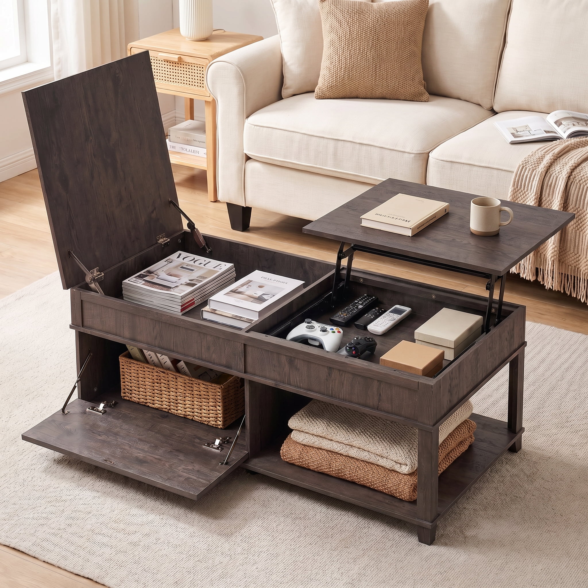 Homy Casa 46.9 in Lift Top Coffee Table with Hidden Storage for Living Room Dark Brown