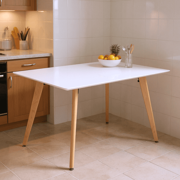 Homy Casa 47.2" Modern Dining Table, White Rectangular Top with Wood-Grain Metal Legs, Kitchen Table