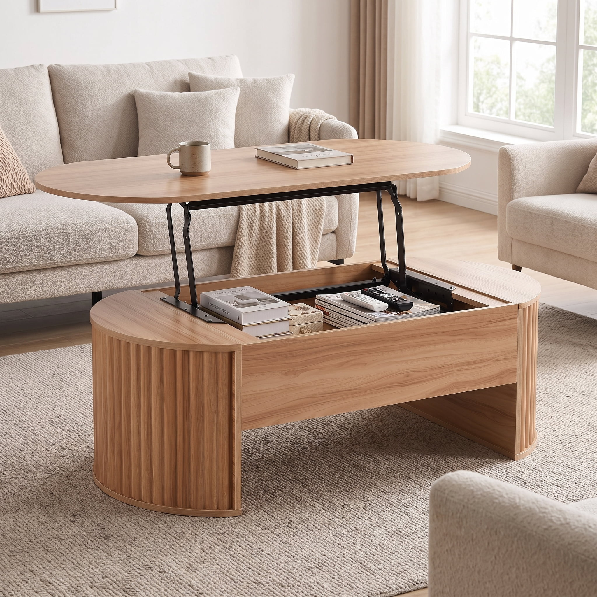 Homy Casa 47.2 in Lift Top Coffee Table with Hidden Storage Shelf for Living Room Natural Oak
