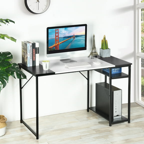 Homy Casa 47.2 inch Writing Desk, Compact Industrial Style Laptop Table with 2 Shelves for Home Office, White