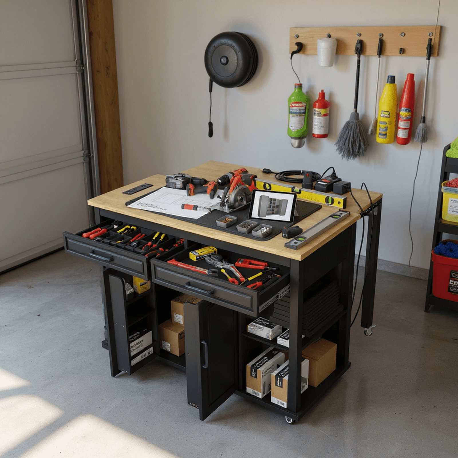 Homy Casa 47" Garage Cabinet with Internal Storage Rack, Power Outlet, Adjustable Shelves, Black