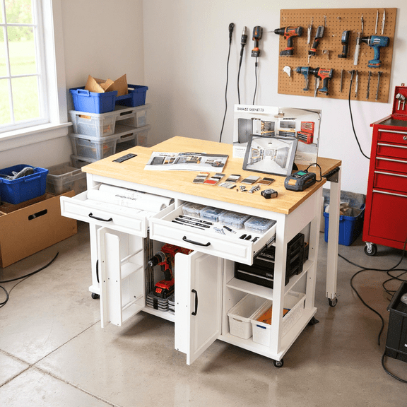 Homy Casa 47" Garage Storage Cabinet, with Rolling Casters, Power Outlet, for Workshop, White