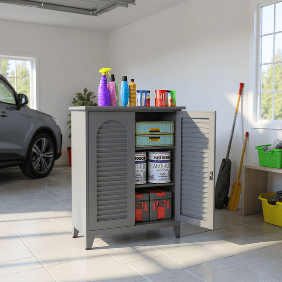 Homy Casa 47"H Garage Storage Cabinet with Shelves, for Workshop, Utility or Laundry Room, Grey