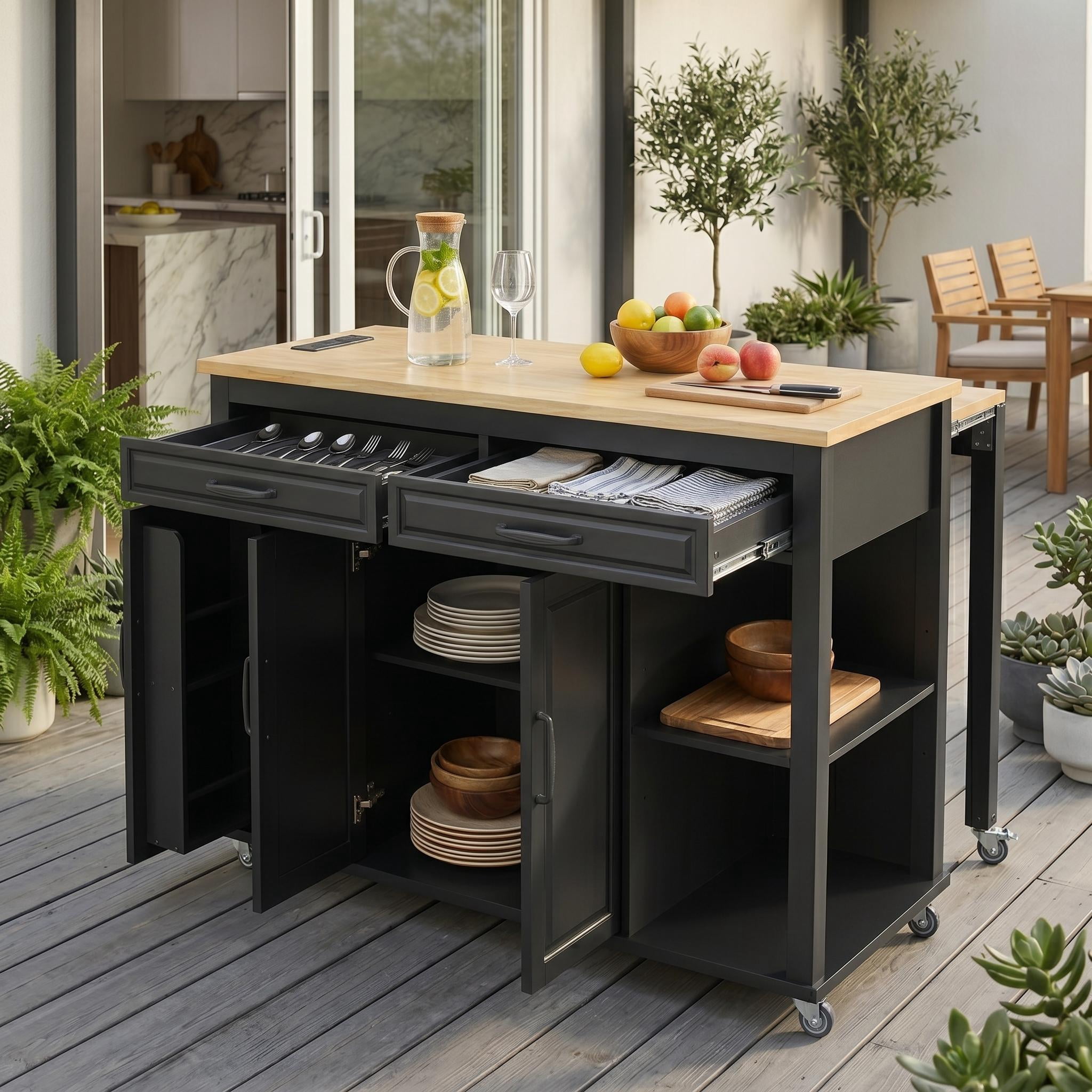Homy Casa 47" Kitchen Island with Extendable Dining Table, Storage Cabinets, Drawers, Power Outlet, Black