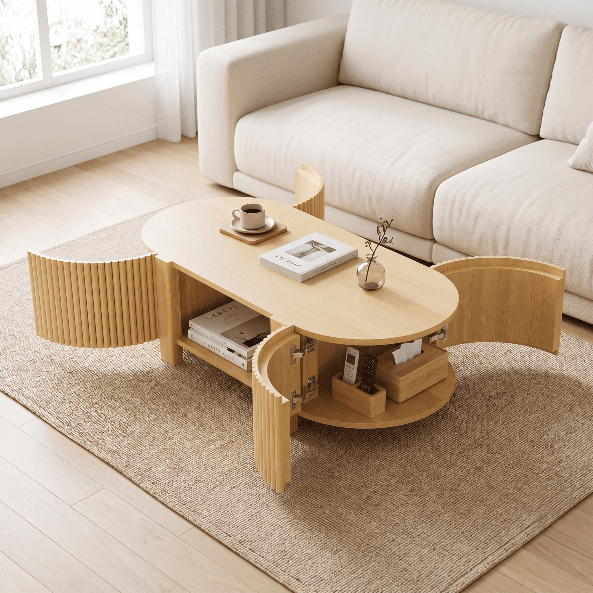 Homy Casa 47 in Fluted Coffee Table with Storage Cabinets and Open Shelf, Natural Oak