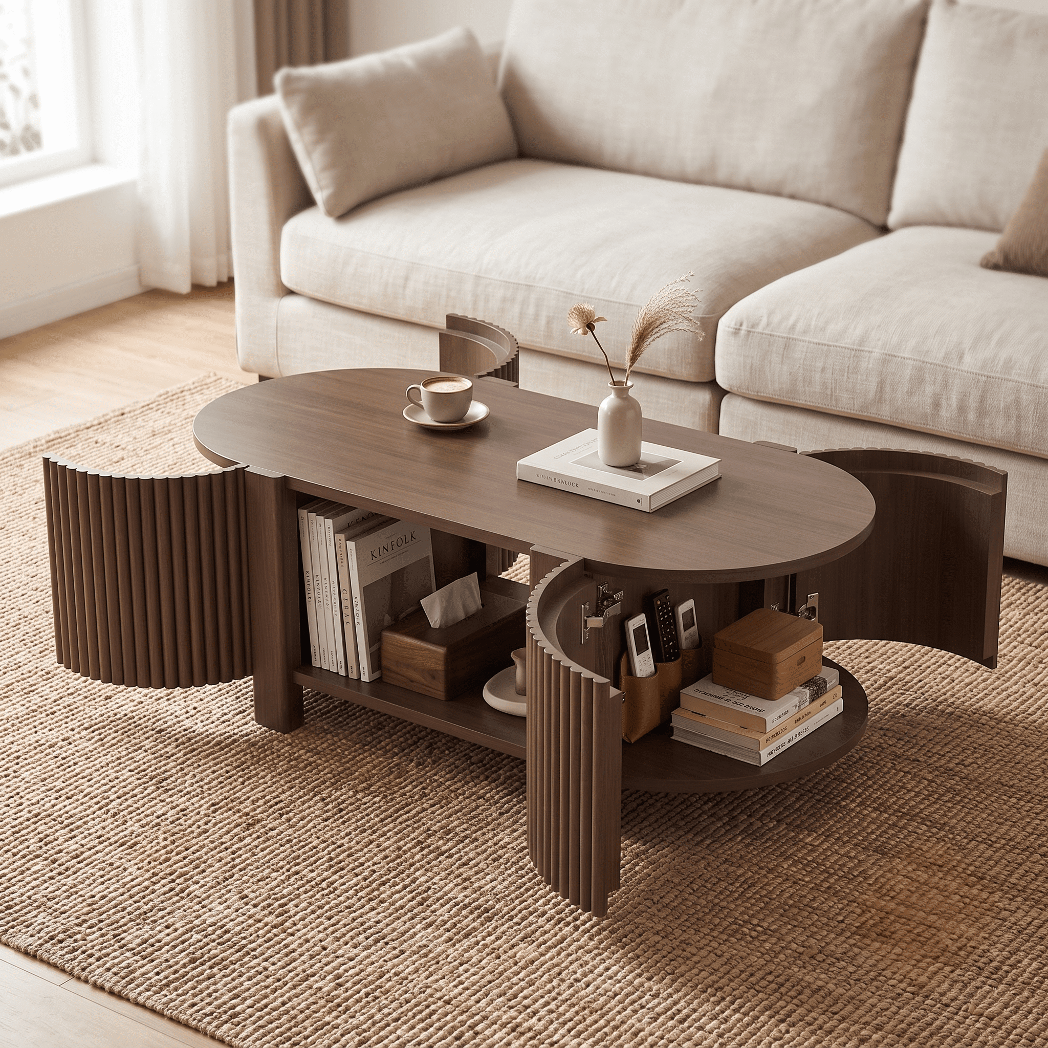 Homy Casa 47" Fluted Coffee Table with Side Storage Cabinets for Living Room Walnut Brown