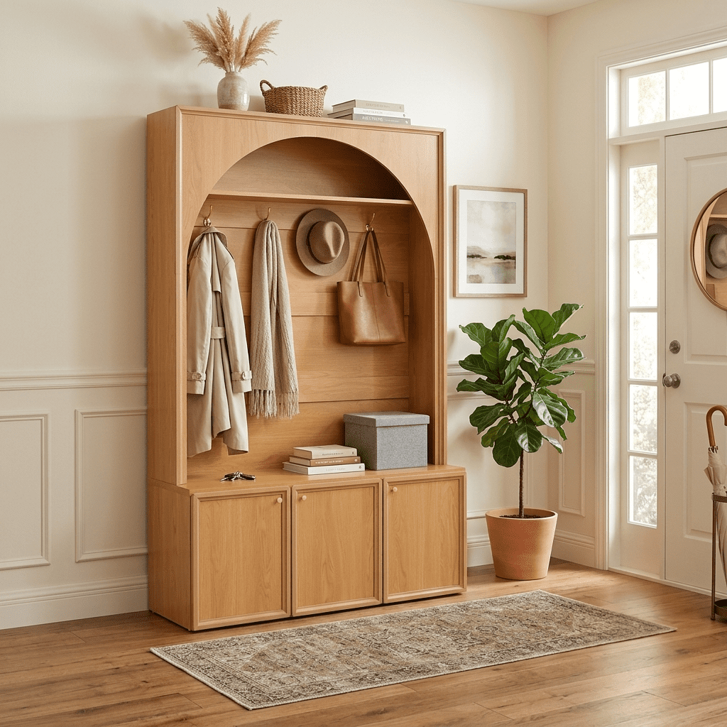 Homy Casa 48.7" Modern Arched Hall Tree with Coat Hooks & Hidden Shoe Cabinet, Natural Oak