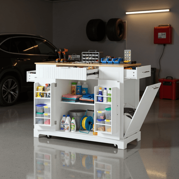 Homy Casa 48" Garage Storage Cabinet with Power Outlet, Shelves, Side Storage, for Workshop, White