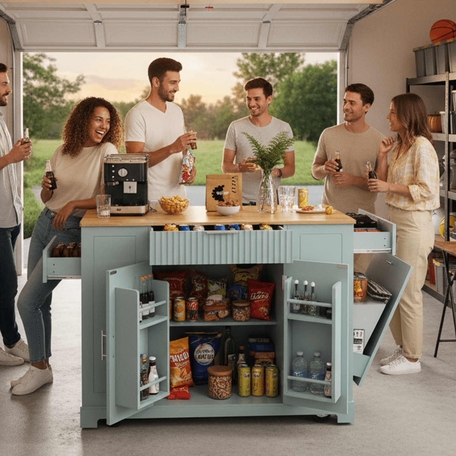 Homy Casa 48" Rolling Garage Cabinet, Drawers, Adjustable Shelves,Power Outlet, for Workshop, Grey Blue