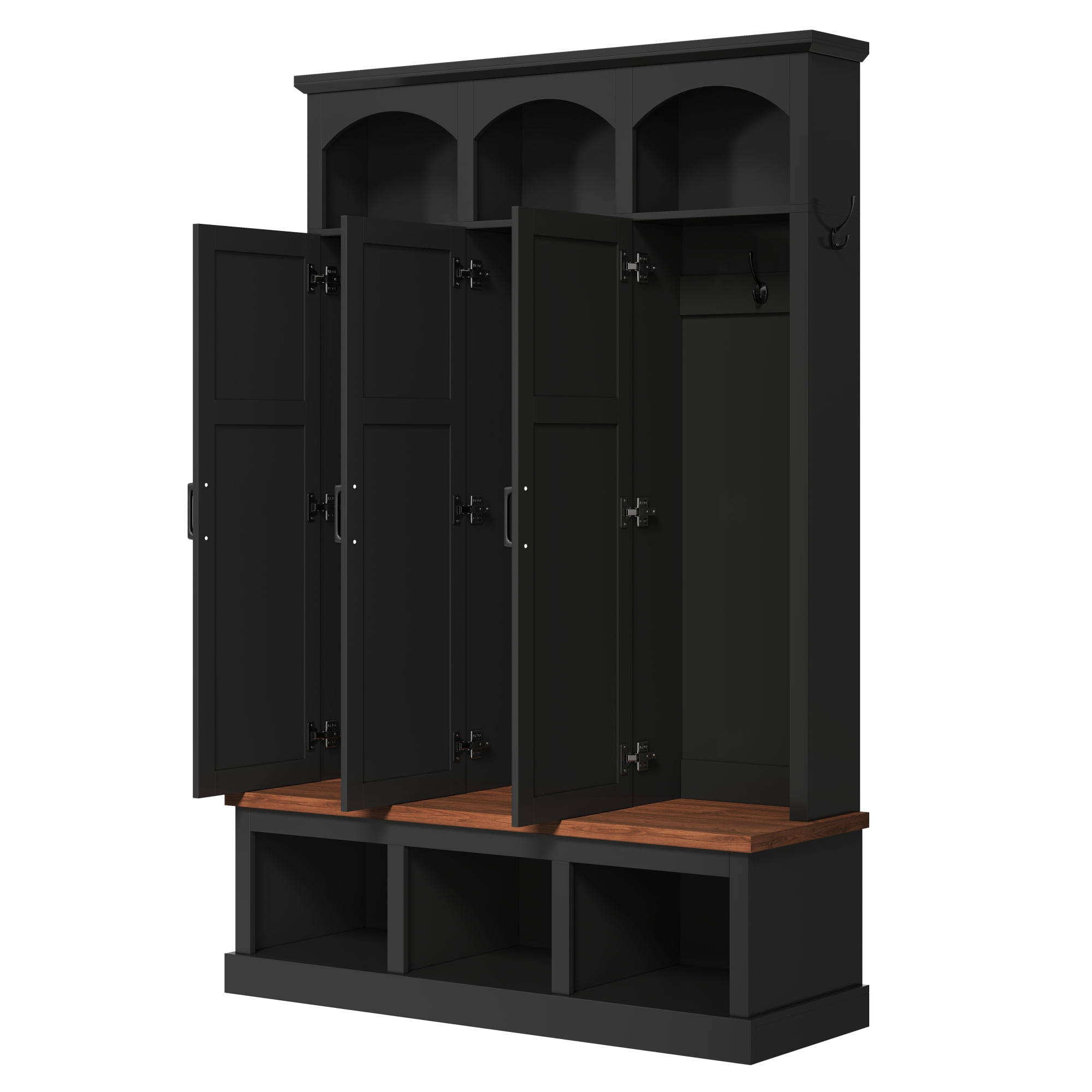 Homy Casa 49.2" Entryway Hall Tree with Bench, Storage Doors, Hooks & Lower Cubbies, Black