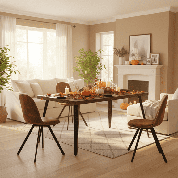Homy Casa 5 Piece Dining Table Set for 4, 63" Rectangular Kitchen Table and Chairs Set with Upholstered Seats, Wood Grain Tabletop, Black Metal Legs for Dining Room, Home Office, Brown