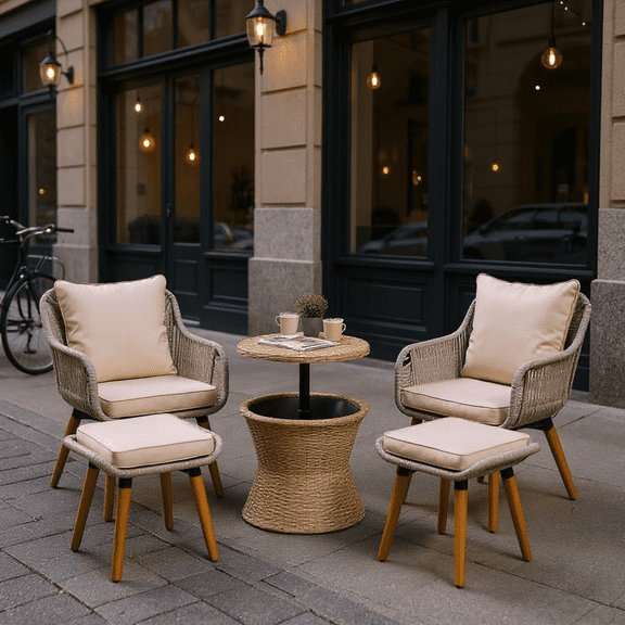 Homy Casa 5-Piece Patio Furniture Set with 2 Chairs, 2 Ottomans and Bar Table, for Outdoor, Beige