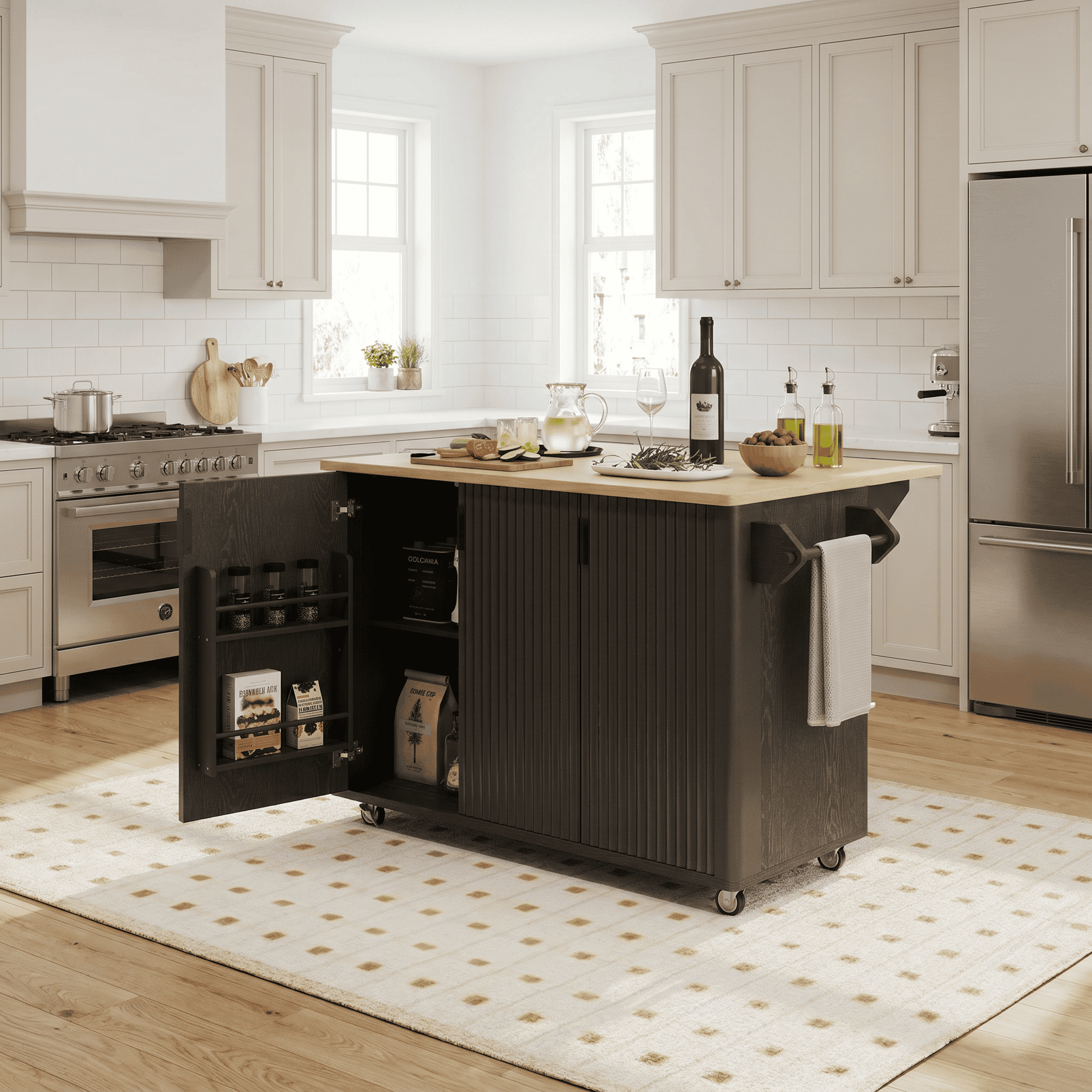 Homy Casa 51.3" Black Rolling Kitchen Island with Drop Leaf, Storage Cabinet and Adjustable Shelves