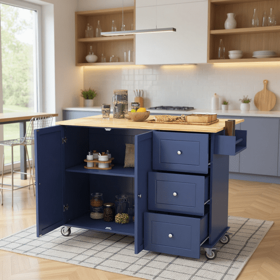 Homy Casa 52.7" Rolling Kitchen Island with Solid Wood Top, Storage Cabinet, Drawers & Drop Leaf, Blue