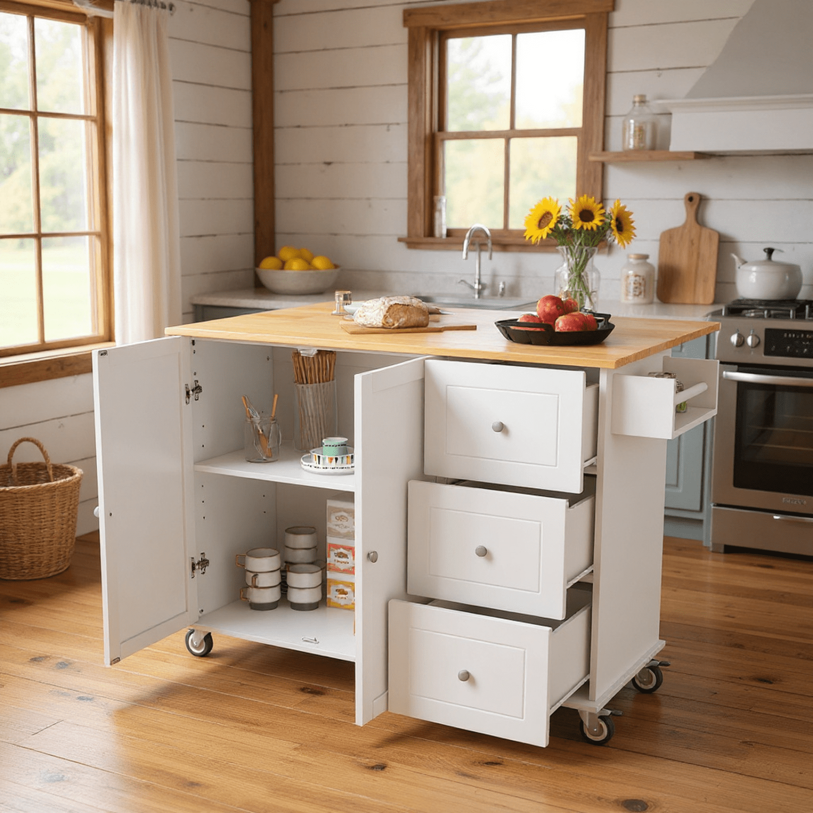 Homy Casa 52.7" Rolling Kitchen Island with Solid Wood Top, Storage Cabinet, Drawers & Drop Leaf, White
