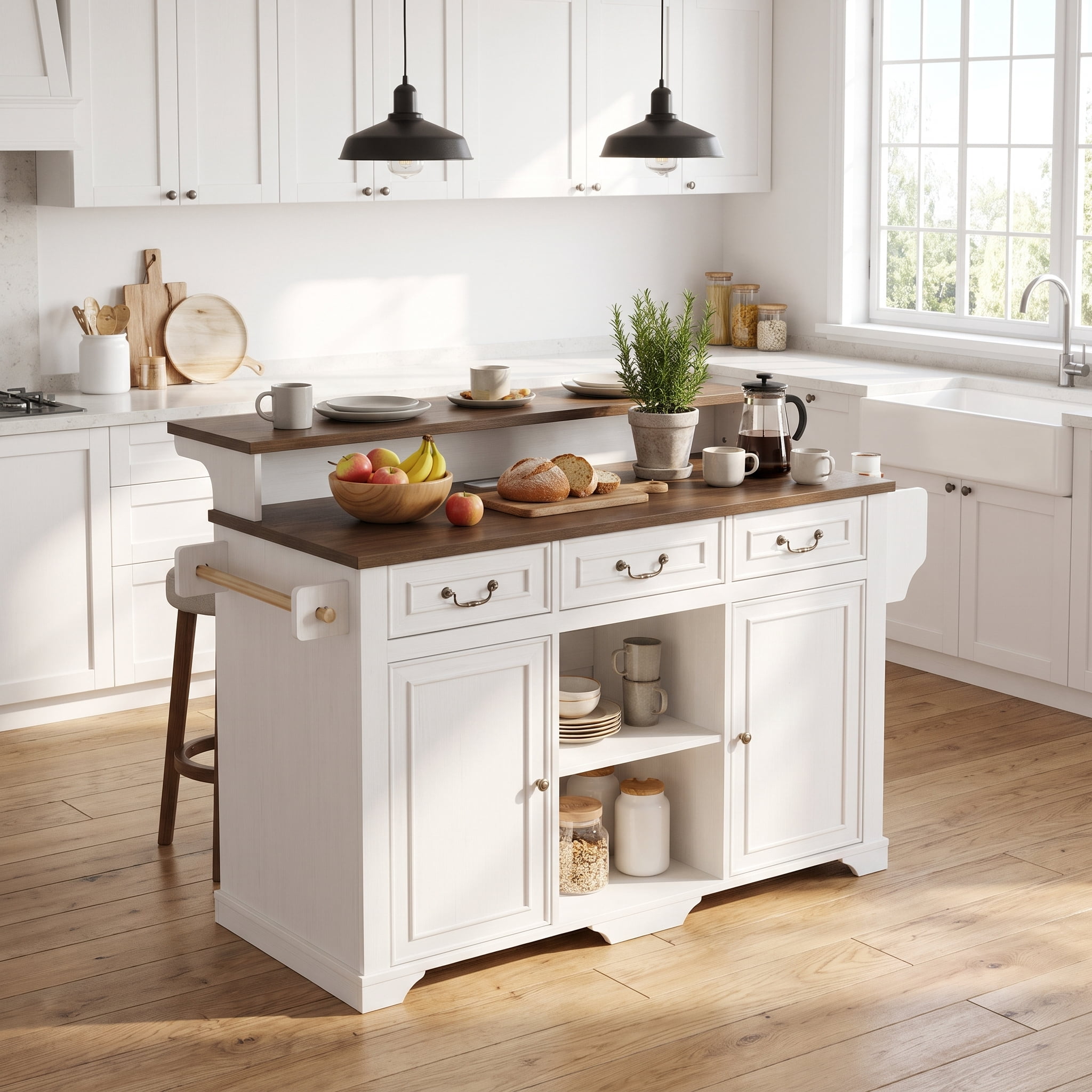 Homy Casa 52" Farmhouse Kitchen Island Cart with Power Outlet, Rolling Storage Cabinet, White