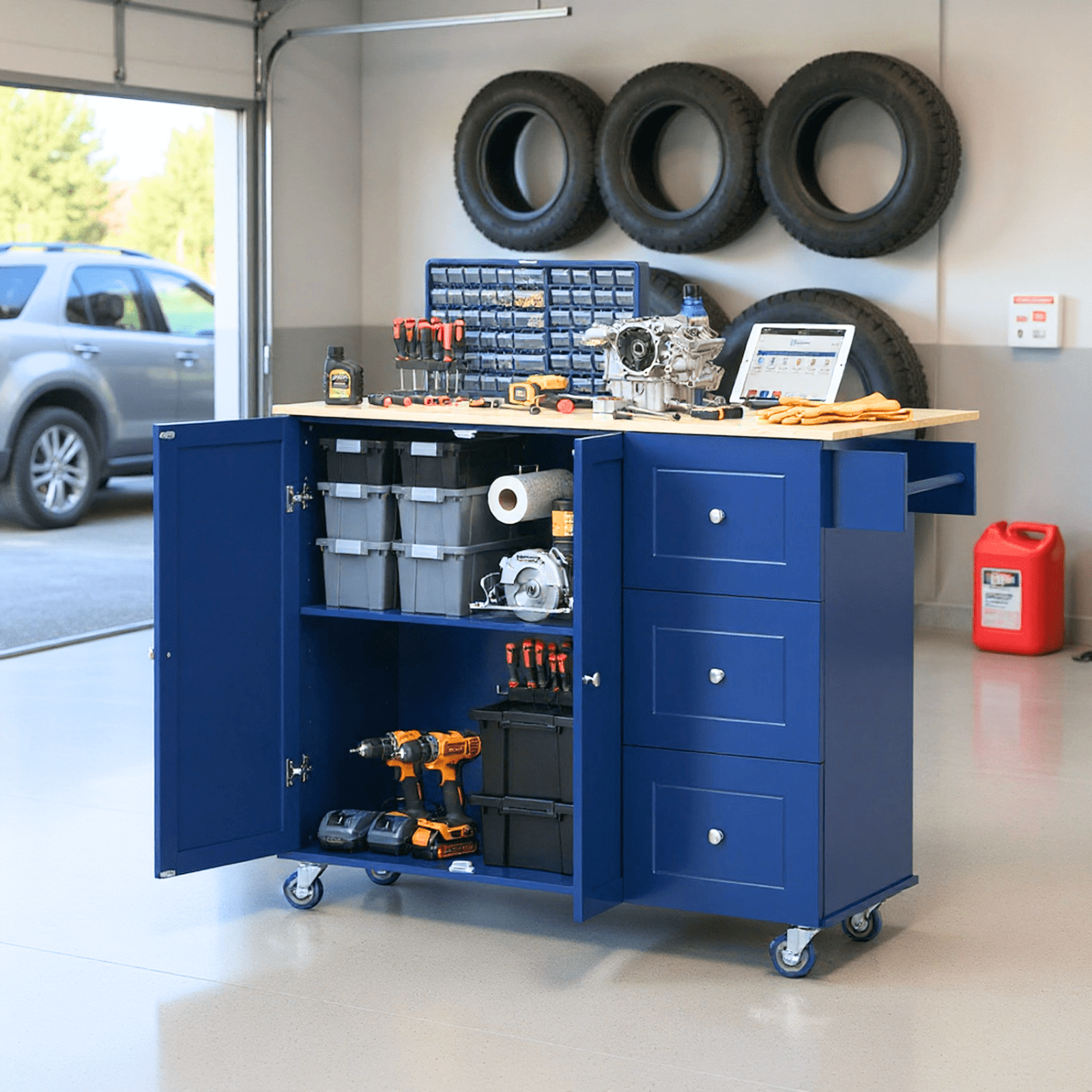 Homy Casa 52" Rolling Garage Storage Cabinet with 3 Drawers, Storage Cabinet, for Workshop, Blue