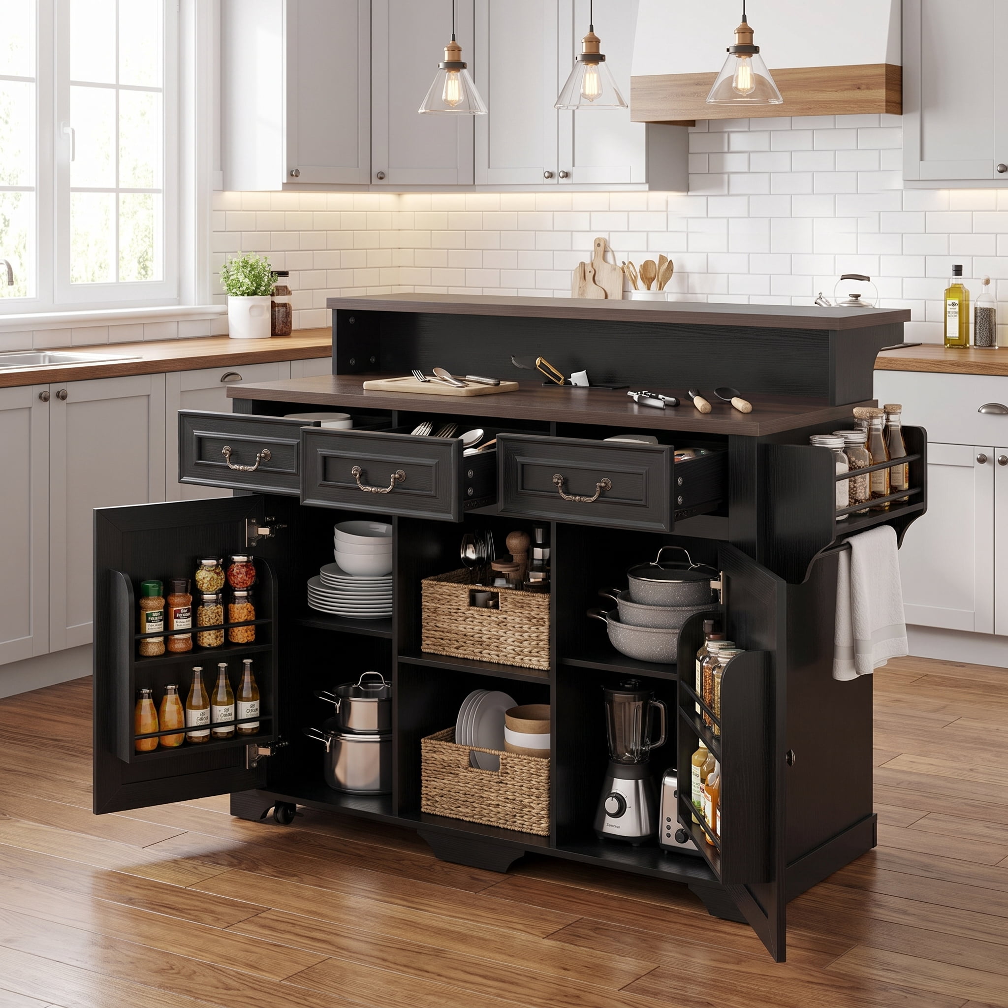 Homy Casa 52" Rolling Kitchen Island Cart with Power Outlet, Raised Bar, Drawers & Shelves, Black