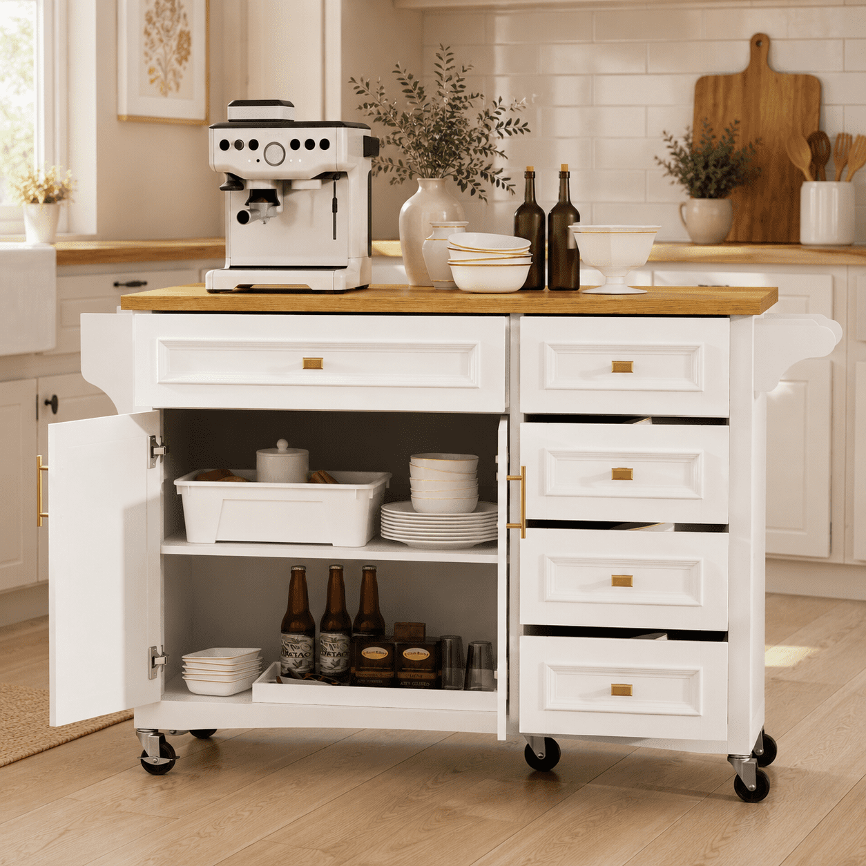 Homy Casa 52" Rolling Kitchen Island Cart with Drop Leaf, Storage Cabinet, 5 Drawers and Towel Bar, White