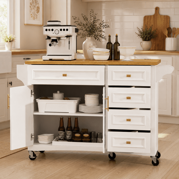 Homy Casa 52" Rolling Kitchen Island Cart with Drop Leaf, Storage Cabinet, 5 Drawers and Towel Bar, White